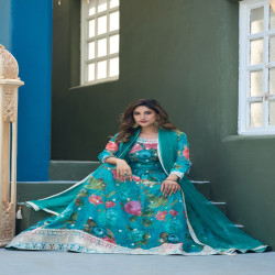 Premium Designer Floral Printed Taby Silk Readymade Gown with Net Dupatta